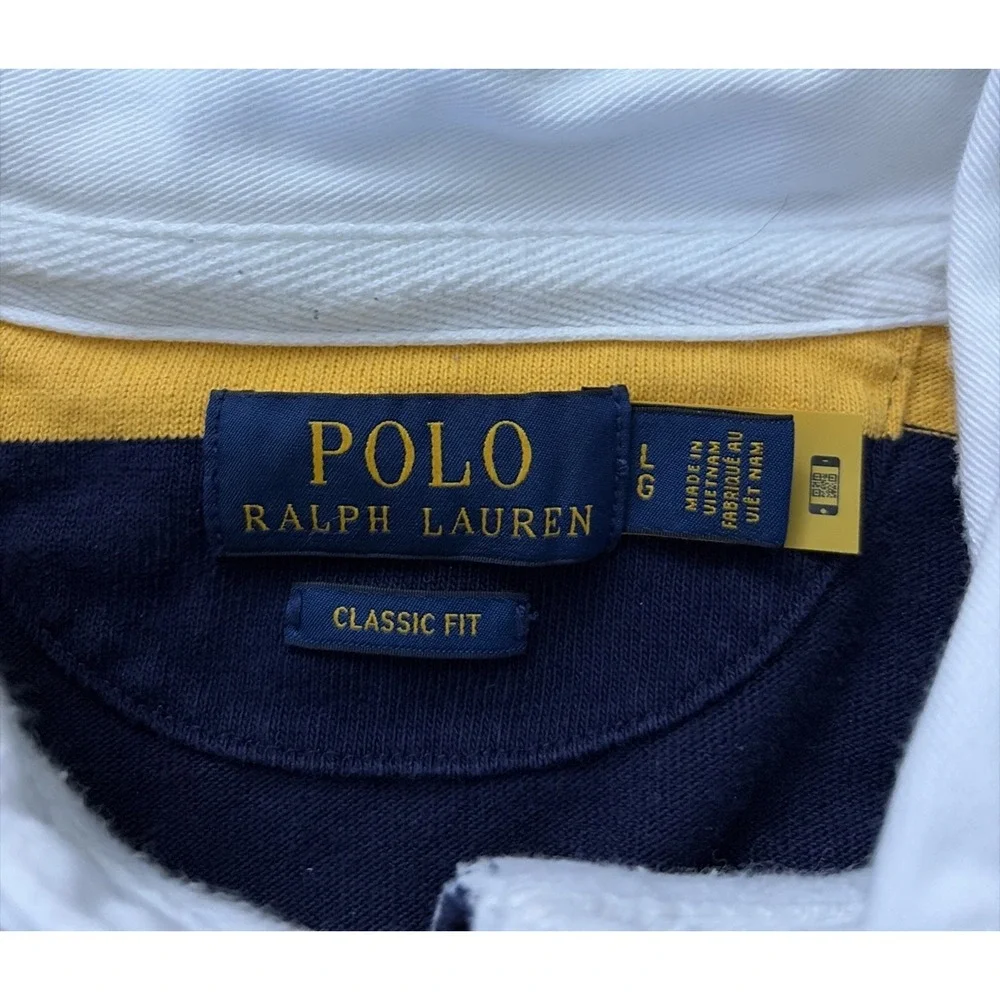 Polo Ralph Lauren XL Striped Rugby Polo Shirt Navy Yellow Long Sleeve Cotton